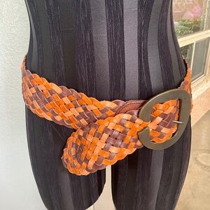 VTG Linea Pelle Wide Woven Leather Belt Hippie Boho Buttery Soft Brown M